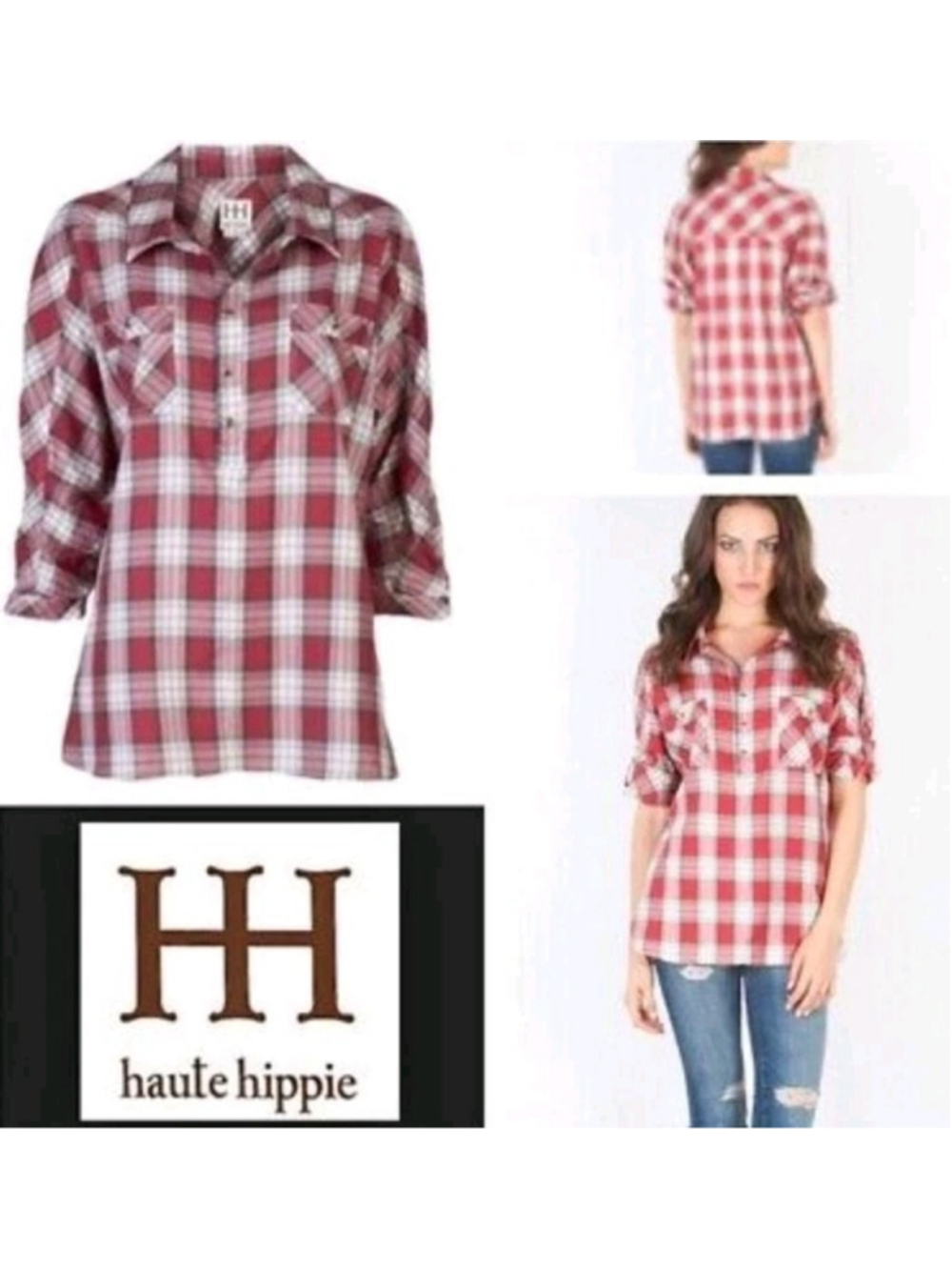 HAUTE HIPPIE Red Plaid Snaps 1/2 Button Down Roll Tab Sleeves Boho Grunge Sz M